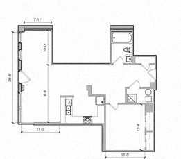 Floor plan for 1 bed, 1 bath, 985 sqft